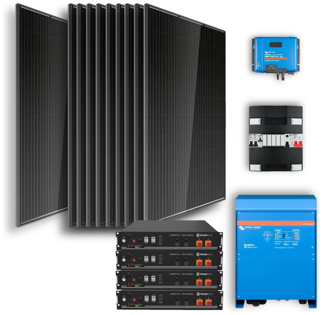 Off-grid set 14,4kWh Lithium Accu - 6500W Omvormer - 12 Zonnepanelen