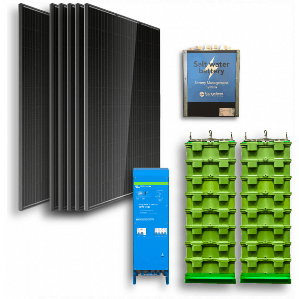 Off-grid set 5,4kWh Zoutwater Accu - 1300W Omvormer - 6 Zonnepanelen