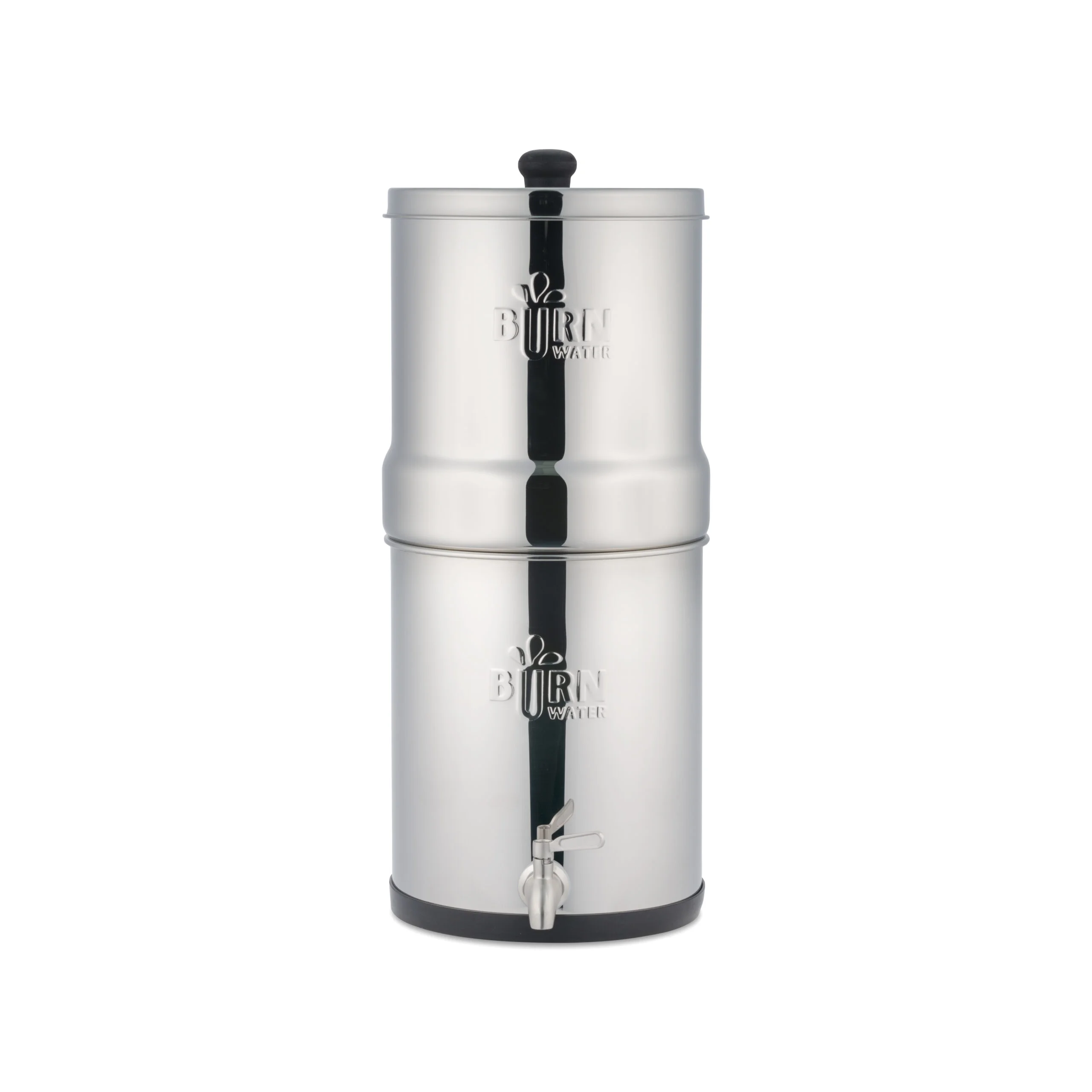 Vooraanzicht van het Burn water filter. Genoeg water voor een groot gezin in een dag. Goed alternatief voor de Berkey Big